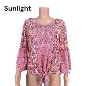 New Directions Women Front Tie Mix Print Bell Sleeve Blouse Top SZ Medium-Stretc